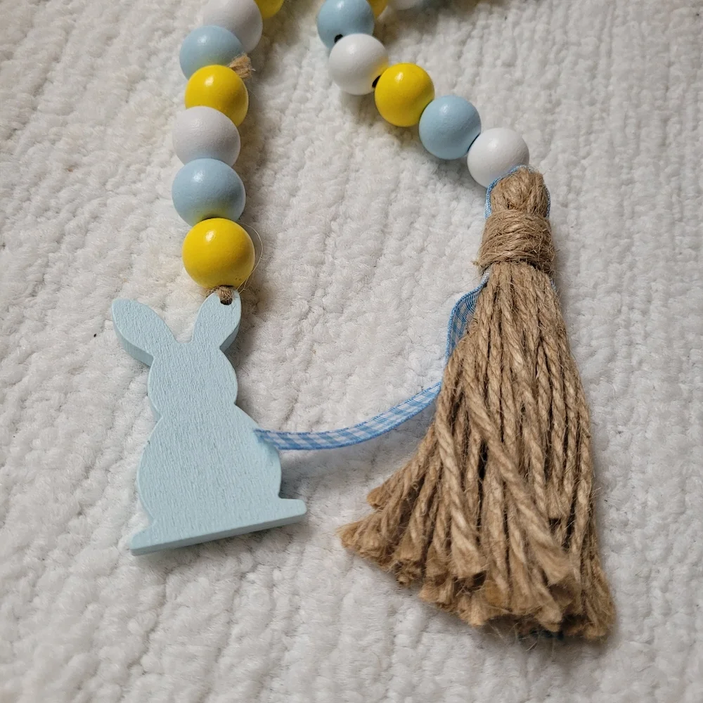Blue and Yellow Wood Garland - Easter Themed with Tassle and Rabbit
